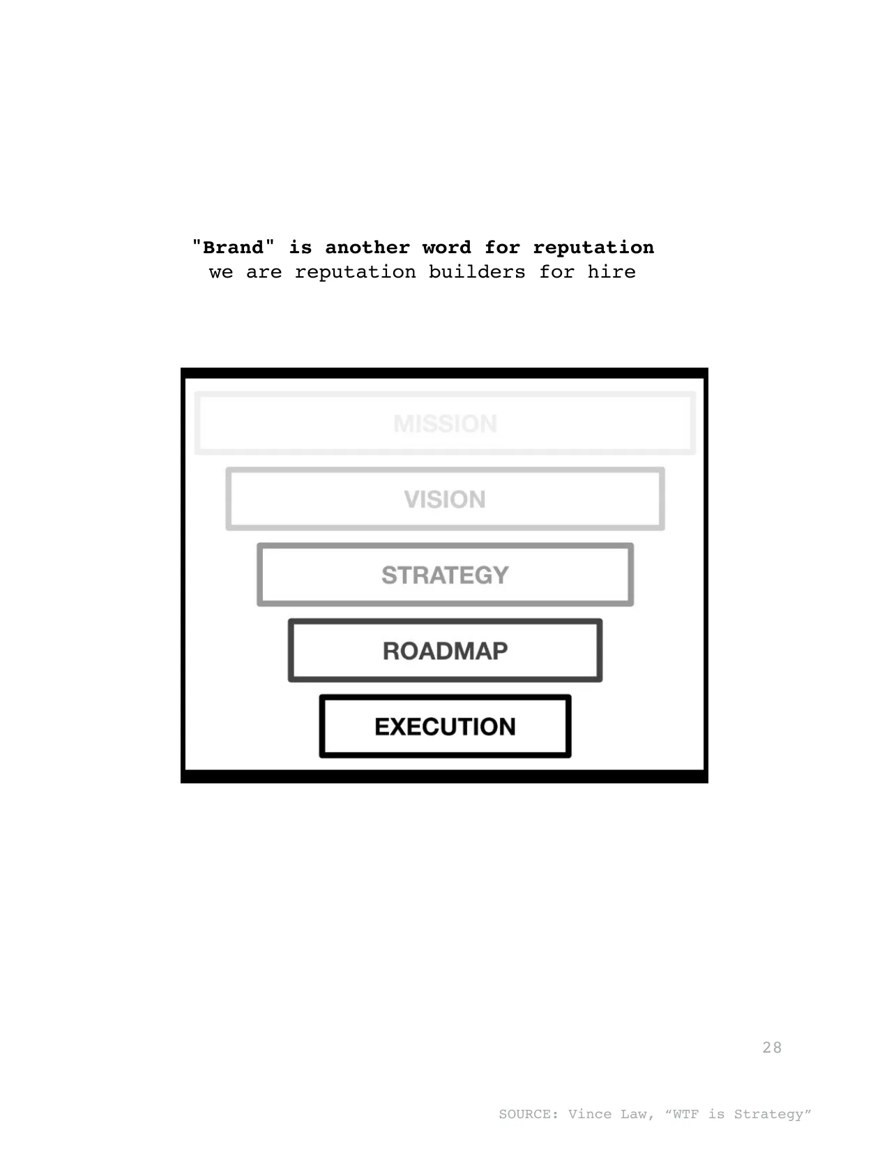 "Brand" is another word for reputation
we are reputation builders for hire
SOURCE: Vince Law, “WTF is Strategy”