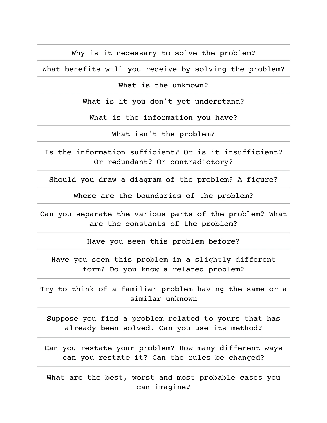 Why is it necessary to solve the problem?
What benefits will you receive by solving the problem?
What is the unknown?
What is it you don't yet understand?
What is the information you have?
What isn't 
