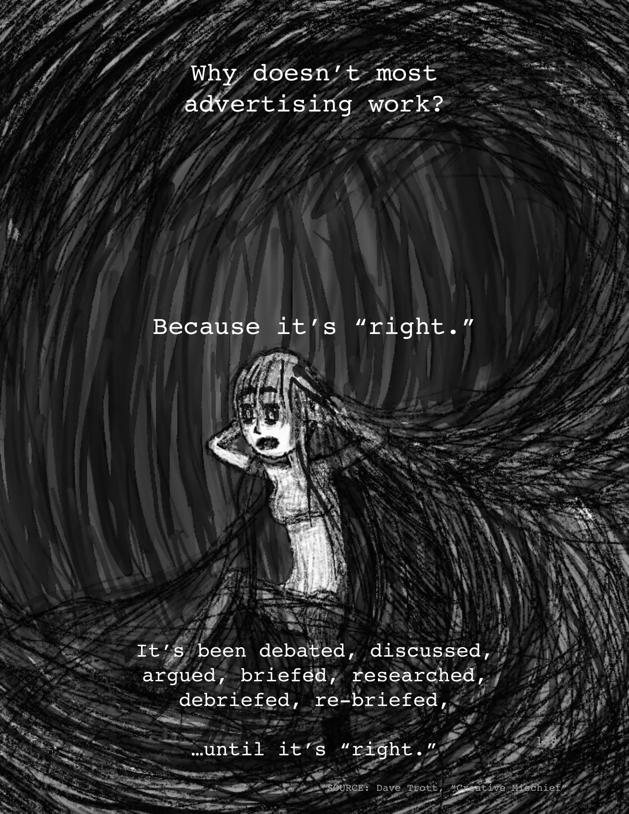 SOURCE: Dave Trott, “Creative Mischief”
Why doesn’t most 
advertising work? 
It’s been debated, discussed, 
argued, briefed, researched, 
debriefed, re-briefed, 
…until it’s “right.”
Because it’s “rig