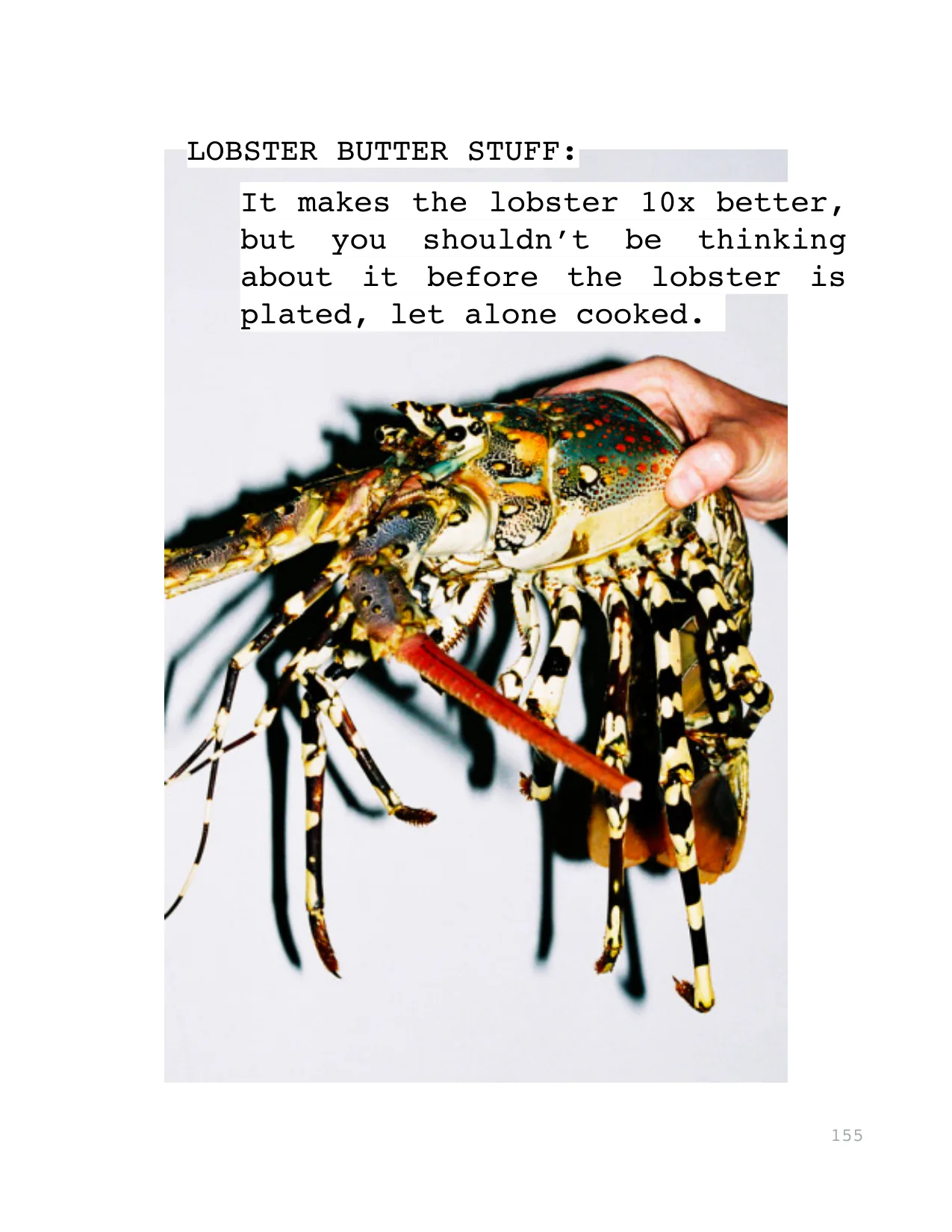 It makes the lobster 10x better, 
but  you  shouldn’t  be  thinking 
about it before the lobster is 
plated, let alone cooked. 
LOBSTER BUTTER STUFF: