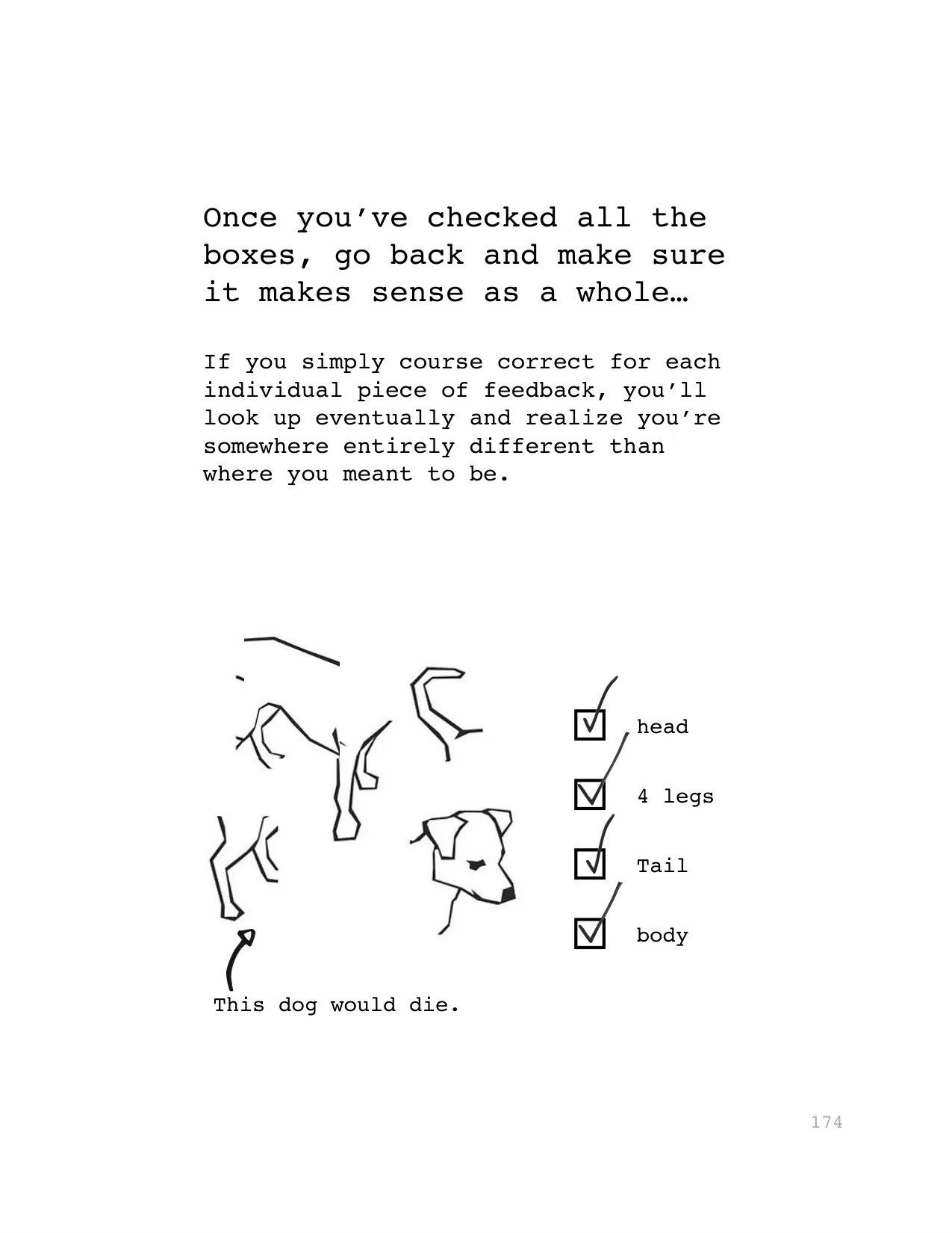 Once you’ve checked all the 
boxes, go back and make sure 
it makes sense as a whole…
If you simply course correct for each 
individual piece of feedback, you’ll 
look up eventually and realize you’re